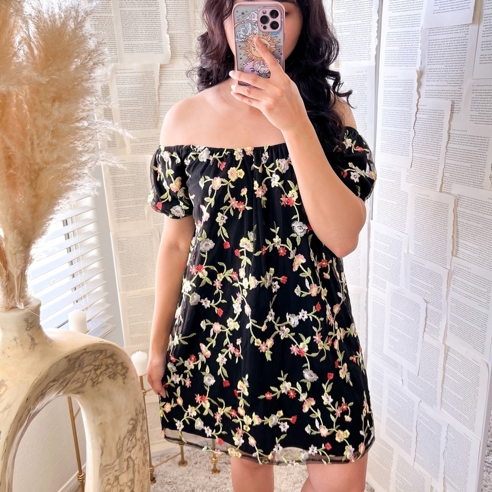 URBAN OUTFITTERS Black Motif Floral Embroidery Off the Shoulder Mini Dress